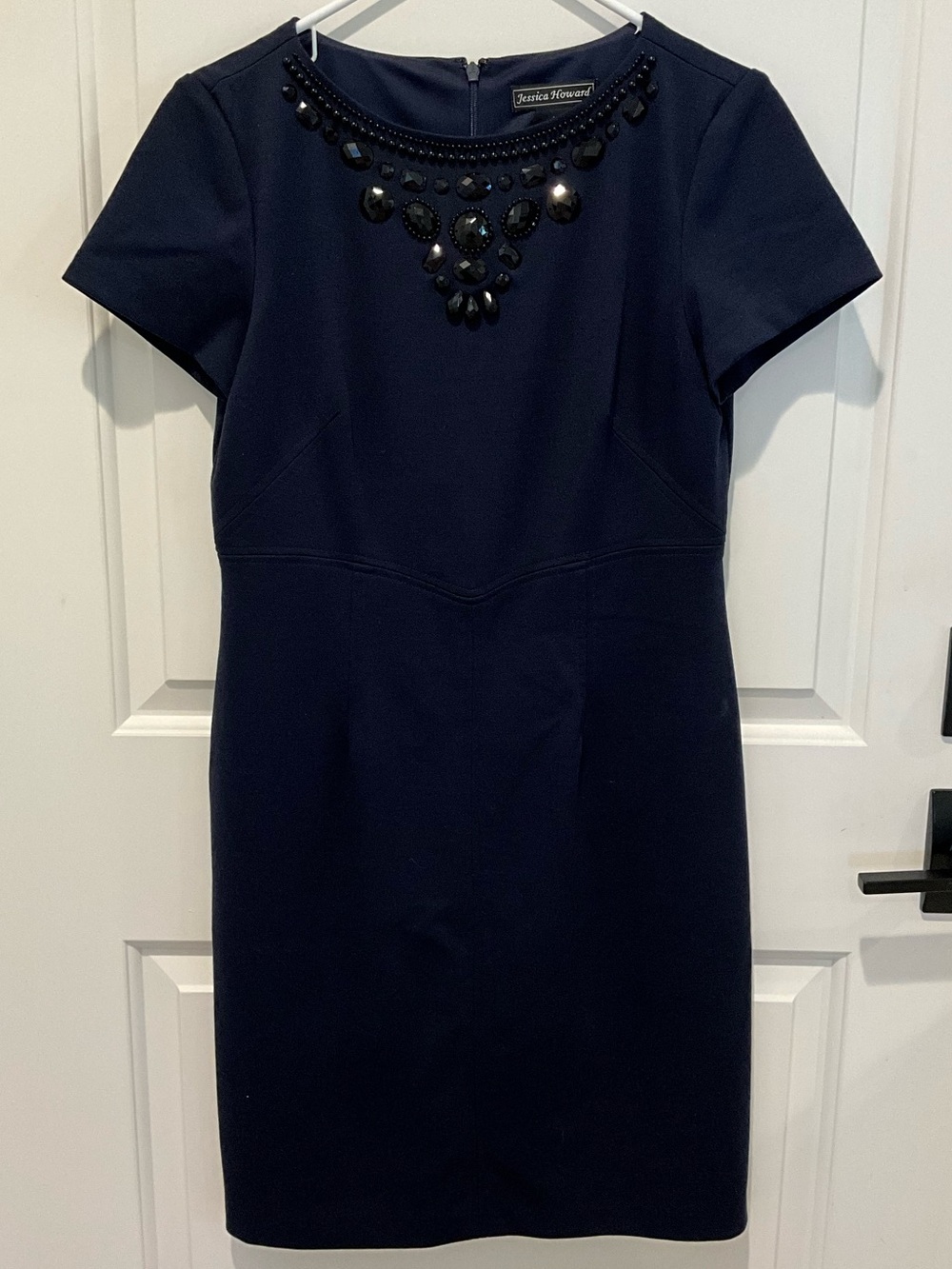 Jessica Howard Navy Jeweled Neck Sheath Dress Size 10 Cocktail